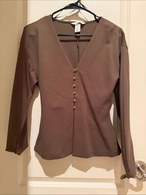 H&M Brown V-Neck Button Front Long Sleeve Blouse